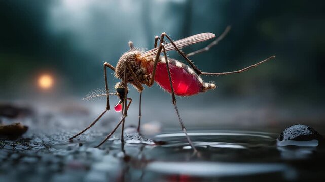 Closeup of a mosquito feeding on blood at dusk in a forested area, showcasing its detailed anatomy and the process of blood extraction from its host