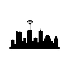 Obraz premium Black silhouette of a modern city skyline with prominent antenna tower