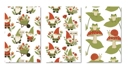 Whimsical gnomes and friendly frogs bring garden delight to charming seamless patterns perfect for kids' decor and spring projects.