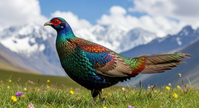 Colorful Himalayan Monal Pheasant Standing in a Green Meadow.