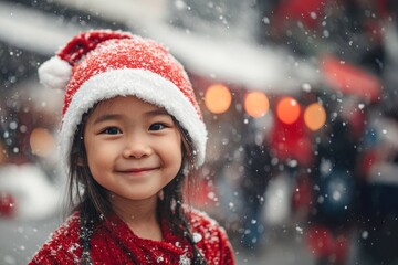 Close up portrait of a smiling asian child girl wearing santa Claus hat looking at camera while snowing in the city. Christmas lights decoration background.