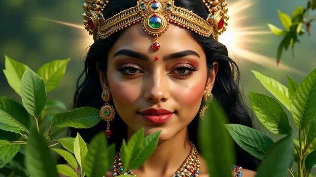 Radiant Bhudevi goddess close-up with vibrant green earth backdrop in stunning 4k video for spiritual, cultural, or artistic projects