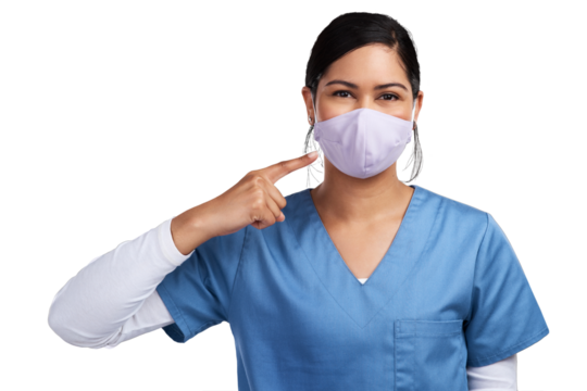 Healthcare, woman and a nurse pointing finger at face mask isolated on a transparent png background. Professional surgeon or medical doctor person show ppe safety for job, virus protection or surgery