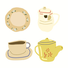 Colorful Tea Set Icon for Creative Designs. Vintage tea set decoration isolated on white background. 