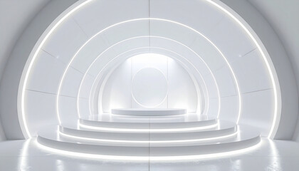 Obraz premium Futuristic architectural design with glowing circular elements and a raised platform stage