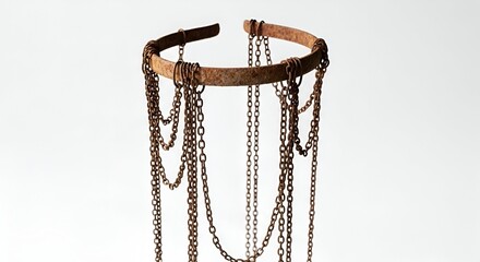 A mysterious historical artifact featuring a rusty metal band with multiple weathered chains hanging down, isolated on a stark white background