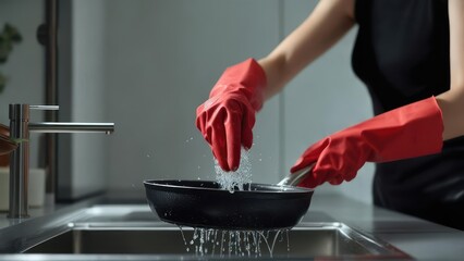 Hands in red gloves rinsing a frying pan under running water in a modern kitchen sink, showcasing domestic chores and hygiene.