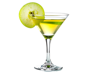 A pale yellow cocktail in a classic martini glass, garnished with a green apple slice.  The drink is translucent and appears refreshing