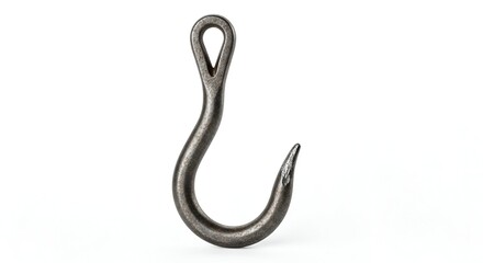 Close-up of a robust, dark gray metal hook designed for heavy-duty lifting and secure fastening, isolated against a pristine white background, highlighting its industrial strength and utility