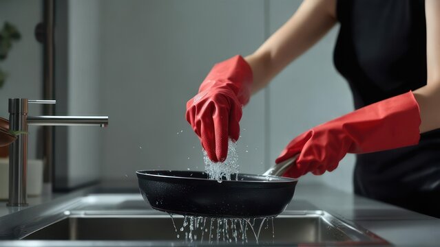 Hands in red gloves rinsing a frying pan under running water in a modern kitchen sink, showcasing domestic chores and hygiene. - Powered by Adobe