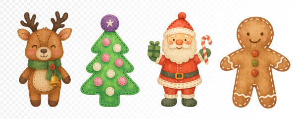 Christmas felt set with reindeer, decorated tree, Santa Claus and gingerbread man, handmade cozy fabric toys in festive watercolor holiday style. Vector illustration.
