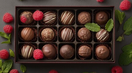 top-down view of a box of assorted truffles, with intricate designs on each chocolate piece