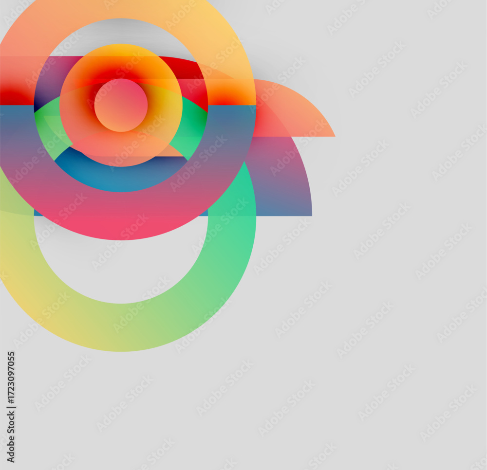 Poster abstract colorful circles overlap, creating dynamic visual effect. gradient hues blend, forming mode