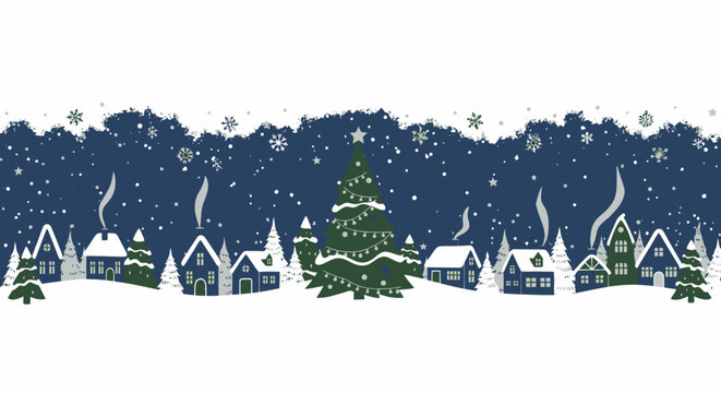 Charming winter village scene with snow-covered houses and twinkling Christmas tree lights creates a festive holiday spirit - Powered by Adobe