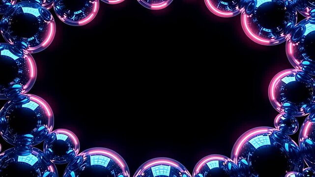The Floating bubble Border Frame made of transparent spheres cascades in intricate patterns, each orb reflecting a spectrum of electric blues and pinks that pulsate gently, creating a sense