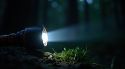 Survival flashlight beam cutting through dark forest night