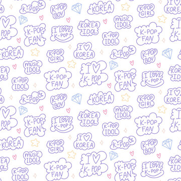 Fototapeta Bright K-pop style design. Seamless texture with bright elements of Korean music trends. Various inscriptions in the cloud. Fan love for Korea. Glitter, hearts, cloud with K-POP style text