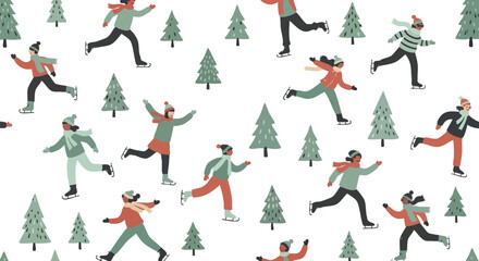 Joyful diverse group ice skating amidst festive winter trees, celebrating active outdoor fun and holiday spirit with dynamic motion