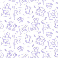 Bright K-pop style design. Seamless texture with bright elements of Korean music trends. Shopping bag, fan stuff, pillow, mug, soft dinosaur toy, capybara. Glitter, hearts, cloud with K-POP style text