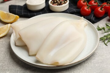 Pieces of raw squids and products on grey textured table, closeup