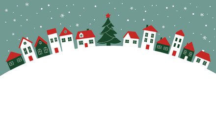 Charming winter village illustration with festive Christmas tree and falling snow, perfect for holiday cards and seasonal designs
