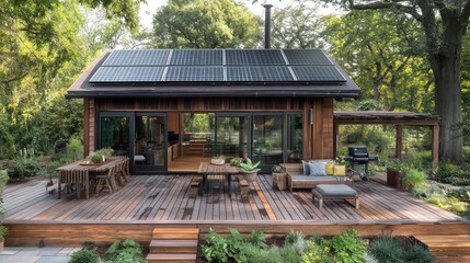 Fototapeta premium Outdoor retreat with low-impact materials, solar panels, and reclaimed wood furniture