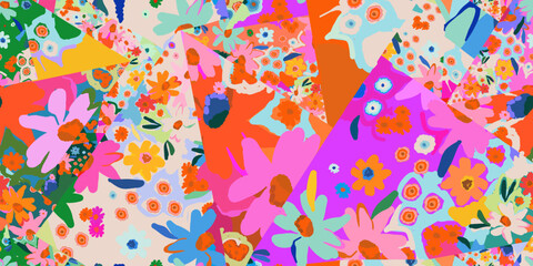 Playful flowers patchwork pattern. Dynamic hand drawn botanical print. Fashionable template for design. 