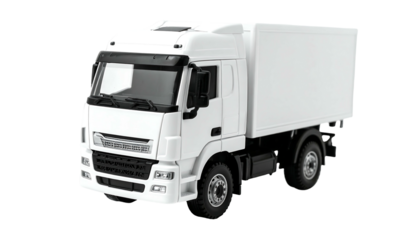 A pristine white box truck, angled slightly, showcases a modern cab design with a high-roof and large, blank side panels.  It sits on multiple axles suggesting heavy-duty capabilities