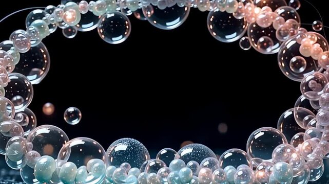 Embrace a stunning visual event featuring a Floating bubble Border Frame made of transparent spheres, where soft pastel colors gently illuminate the frame, surrounded by drifting orbs of