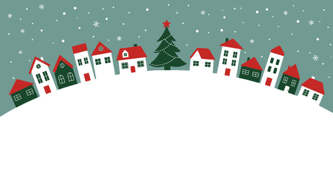 Charming winter village illustration with festive Christmas tree and falling snow, perfect for holiday cards and seasonal designs