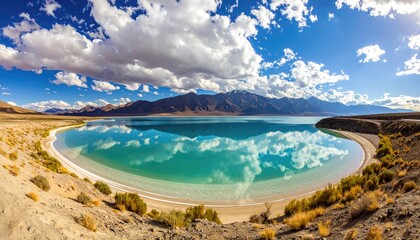 Fototapeta premium Serene lake, mirroring clouds, mountain backdrop