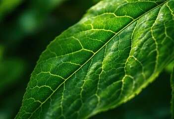 Detailed close-up of a vibrant green leaf, showcasing intricate vein patterns.
