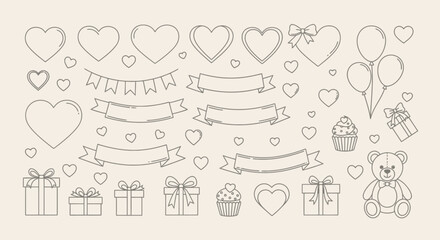 Celebrate love with this adorable collection of heart balloons, gifts, banners, and a charming teddy bear perfect for Valentine's Day designs