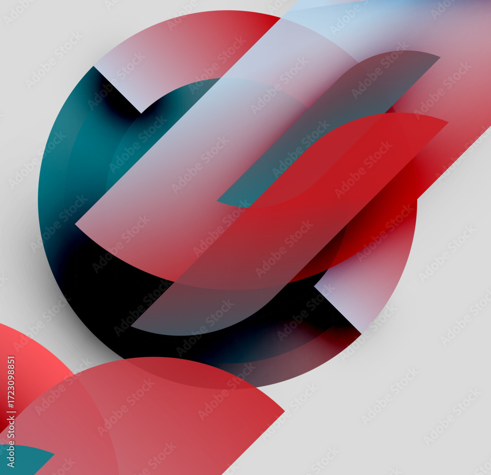 Wall mural abstract composition. overlapping shapes, red, teal, white gradients create dynamic visual effect. m