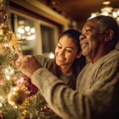 Happy mature senior father with daughter decorating the Christmas tree.
