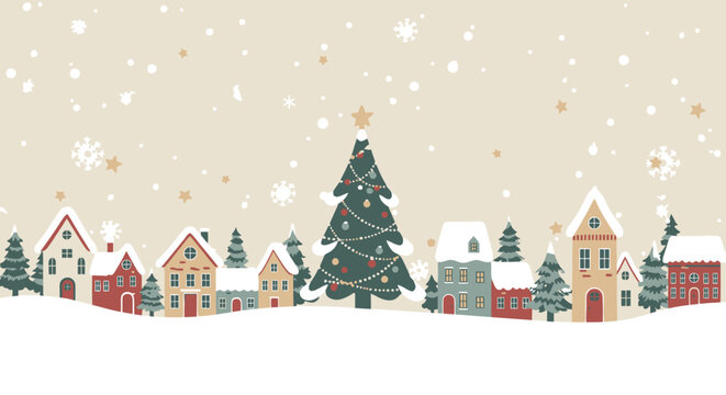 Festive Christmas village illustration with decorated tree and snow-covered houses for warm holiday greetings and cheerful seasonal designs