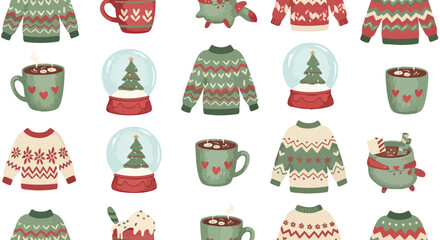 Cozy holiday vibes with cute Christmas sweaters, steaming cocoa mugs, and whimsical snow globes offering a warm, festive feeling background