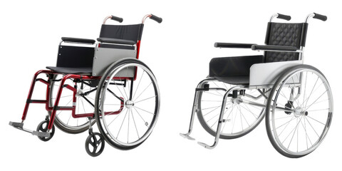 Fototapeta premium Two different manual wheelchairs in silver and red frames providing mobility assistance on transparent background