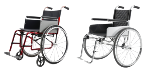 Two different manual wheelchairs in silver and red frames providing mobility assistance on transparent background