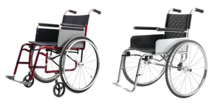 Two different manual wheelchairs in silver and red frames providing mobility assistance on transparent background