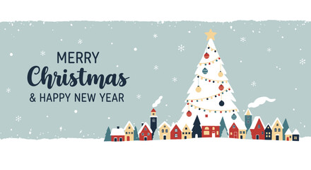 Charming Christmas village scene with snow-covered houses and festive Christmas tree, perfect for holiday greetings and winter promotions