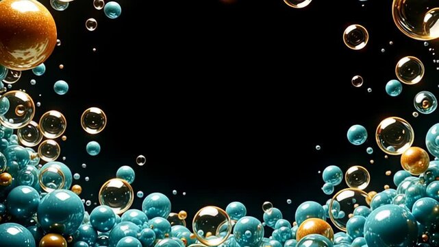 In a serene moment, the Floating bubble Border Frame made of transparent spheres shimmers elegantly as colors of soft teal and muted gold dance around it, with intricate animations of