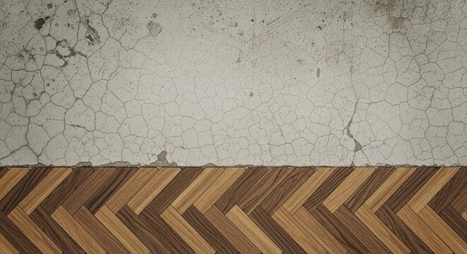 Cracked Wall and Herringbone Floor: A Textured Contrast of Mater