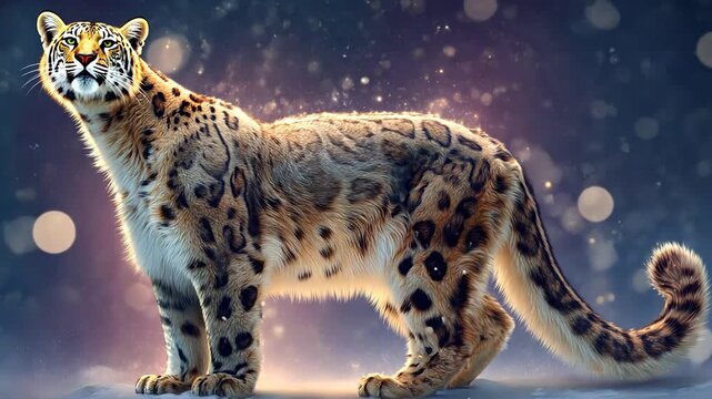 A magnificent snow leopard stands majestic amidst a winter wonderland, its fur detailed with exquisite patterns.