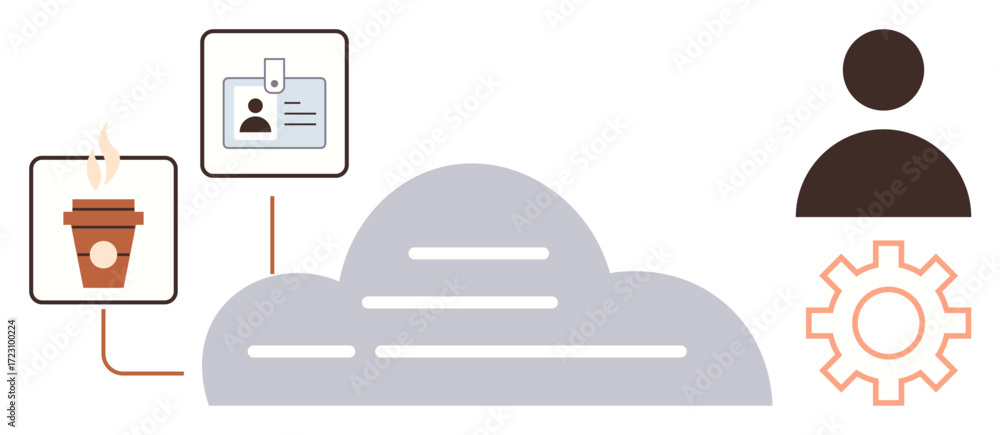 Poster cloud computing with user card, coffee cup, user icon, gear symbol linking processes. ideal for digi
