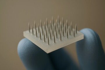 Close-up of a microneedle patch held by gloved fingers, showcasing sharp precision needles designed for medical research, testing, or drug delivery.