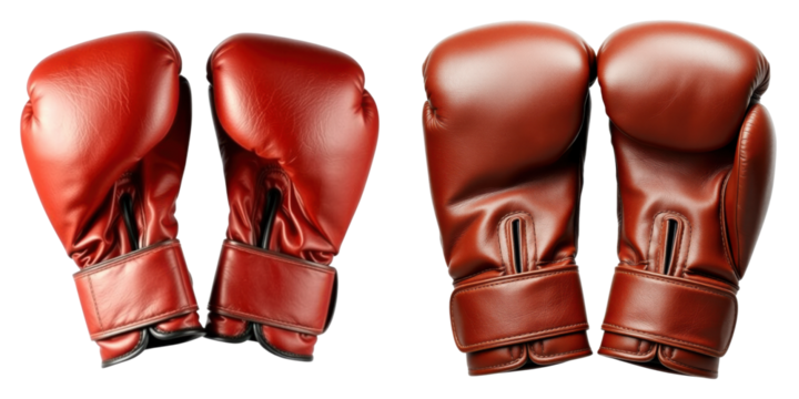 Two pairs of striking red boxing gloves for combat sport gear, isolated on transparent background
