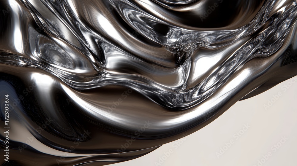 Poster abstract chrome wave fluidity motion with glossy liquid shape and metallic texture effects in design