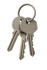 Bunch of keys hanging from metal ring on transparent background