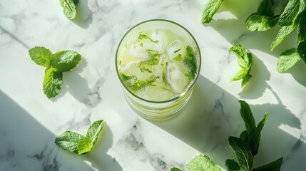 vibrant tea setup featuring iced matcha latte in a tall glass, surrounded by fresh mint leaves and a marble countertop